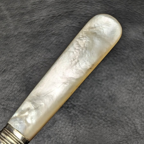 British Antique White Pearl Shell Handle Silver Plated Jam Spoon Pair